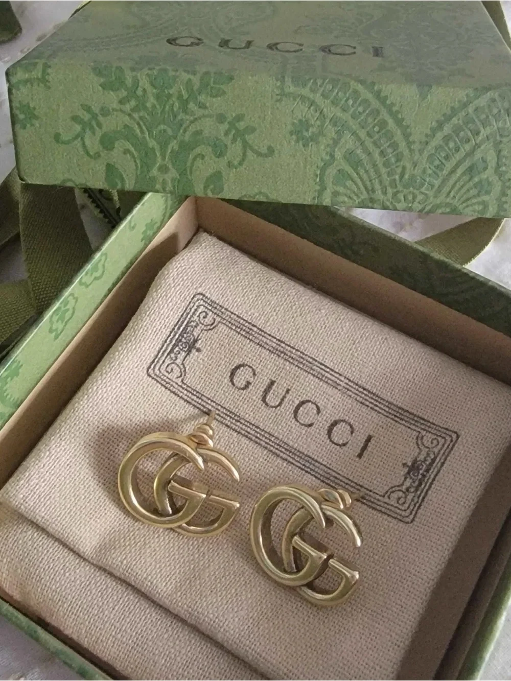 Gucci Gold tone Double G Logo Earrings with Branded Pouch